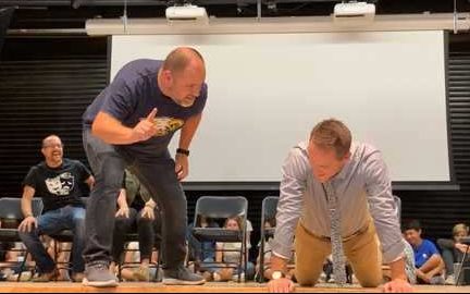 Dr. Weiss-Wright and Mr. Thomson show off their improvisation skills.

(Also shown: Mr. Grillo laughing and enjoying the spectacle.)