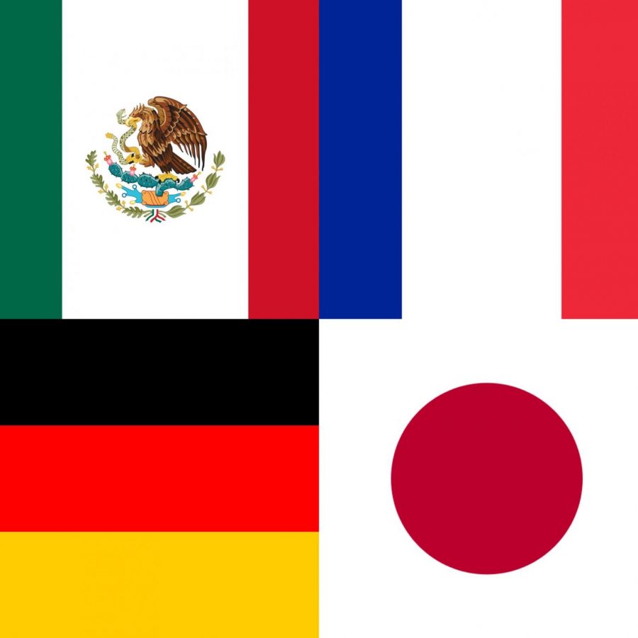 The flags of Mexico, France, Germany and Japan.