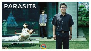 Parasite’s iconic movie poster featuring the mother and father from the rich family and the son and father from the poor family.