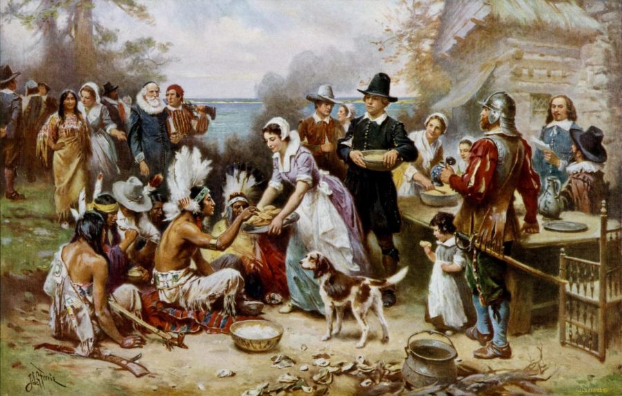 A painting of what the first Thanksgiving may have been like. 